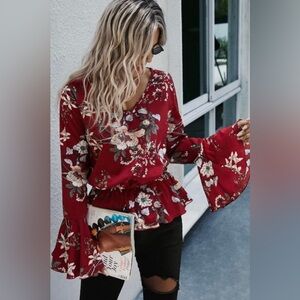 Small red blossom bell sleeve boutique top